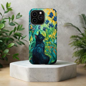 May include: A black cat with green eyes sits in a field of blue and yellow flowers. The cat is looking to the right of the image. The background is a painting style.