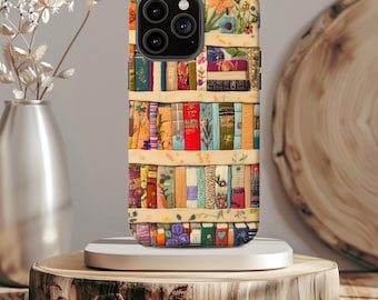Embroidered Bookshelf Phone Case: Cottagecore Book Lover Gift