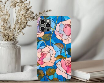 Romantic Pink Rose Stained Glass Aesthetic Phone Case For iPhone 16 Pro 15 14 13 12 11 Galaxy S24 Ultra 23 Pixel 9 Floral Vintage Cover 058