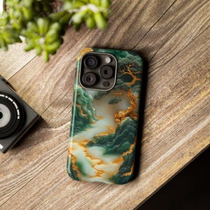 Asian Jade Carving Phone Case Mountains Gold Waterfall For iPhone 16 15 14 13 12 Pro Galaxy S24 23  Pixel 9 Nature Inspired Asian Japanese