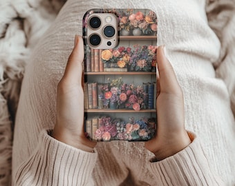 Bloemen boekenplank stoer telefoonhoesje voor iPhone 16 Pro Max 15 14 Plus 13 12 Pixel 9 8 7 XL Samsung S25 24 Ultra 23 boekgerelateerde cover