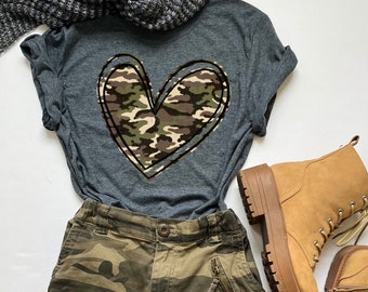 Camouflage Heart T-Shirt, Cute Camo Heart TShirt, Retro Vintage Shirt, Heart Unisex Softstyle Tee, Unique Desgin, Military Proud Parent Gift