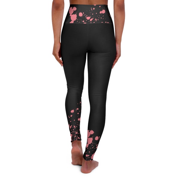 Pink Paint Splat Black High Waisted Yoga Leggings, Funky Athletic Streetwear, Cool Yoga Pants, Perfect Gift for Yoga Lover, Mothers day Gift