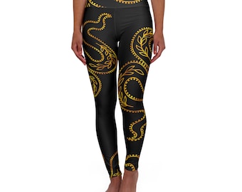 Black Yoga Leggings with Gold Snakes, Stylish Yoga Workout Wear, Beautiful Yoga Outfit, High Waisted Athletic Leggings, Yoga Gift for Mom