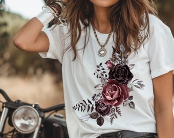 Gothic Black Rose Flower T-Shirt: Unisex Softstyle Tee