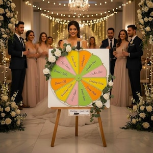 Pode incluir: Uma roleta circular de jogos de casamento num cavalete de madeira, decorada com rosas brancas. A roda apresenta segmentos coloridos com etiquetas de atividades como First Dance, Couple's Quiz e Wedding Trivia. Uma placa diz Wedding Good Luck.