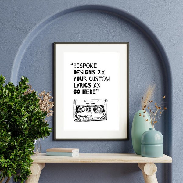 Bespoke / Custom  Music / Lyrics Print with Your Quote and Artist. Choose Tape or Boombox Artwork. A3 / A4 Print. Wall Art.