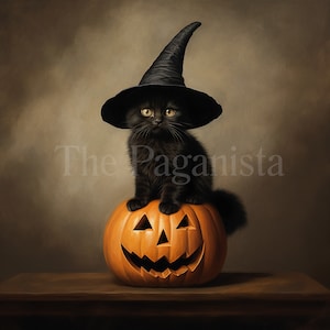Pumpkin, the Witches Samhain Familiar, Cute Little Black Kitten&#39;s first Halloween sitting on a Jack-o-Lantern