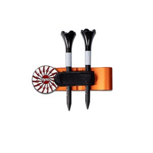 May include: Orange golf tee holder with a black strap and two black golf tees. A round, red, white, and black pin with the word "BYRD" is attached to the holder.