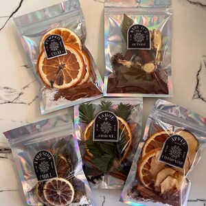 Peut inclure: Cinq sachets irisés transparents remplis de fruits secs, d'épices et d'herbes. Chaque sachet porte une étiquette avec des textes tels que "Pumpkin Chai", "Baby It's Cold Outside", "Fireside Chill", "Tahoe Forest" et "Apple Champagne". Contenu : tranches d'orange, bâtons de cannelle et feuilles de laurier.
