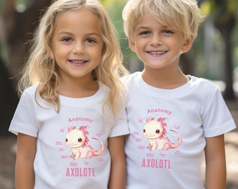 Axolotl Anatomy Youth-T-shirt met korte mouwen, Axolotl Animal-T-shirt voor kinderen