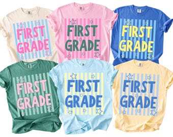 First Grade Teacher Shirt, 1st Grade Team Comfort Colors Stripes TShirt, Matching Elementary Team Back to School Teacher Appreciation Gift