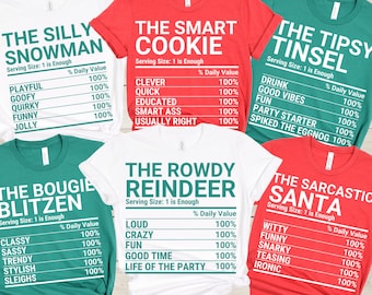 Camisetas navideñas familiares, divertidas camisetas a juego para grupos con etiquetas de información nutricional navideña, camisetas personalizadas para fiestas navideñas de oficina, regalos navideños al por mayor