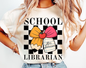 Custom School Librarian Teacher Shirt, Personalized Library Teacher Name TShirt, Comfort Colors Back To School Specials Team Bow Tee