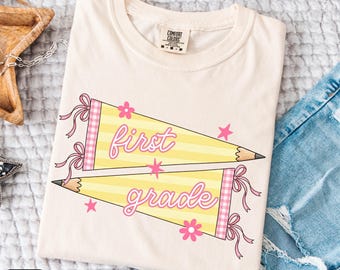 First Grade Teacher Shirt, 1st Grade Team Comfort Colors TShirt, Pencil Flag Matching Elementary Team Back to School Teacher Appreciation