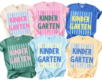 Kindergarten Teacher Shirt, Kindergarten Team Stripes Comfort Colors Shirt, Matching Tee Back to School Teacher Appreciation Gift
