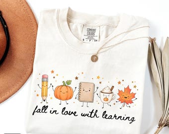 Fall Teacher Shirt, Cute Fall In Love With Learning Comfort Colors TShirt, Stick Figure Pumpkin T-Shirt, Autumn Halloween Teacher Tee