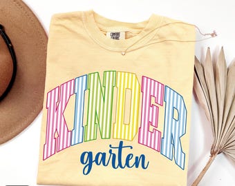 Kindergarten Teacher Shirt, Comfort Colors Kindergarten Team Matching Tee, Seersucker Stripes Back to School Teacher Appreciation Gift