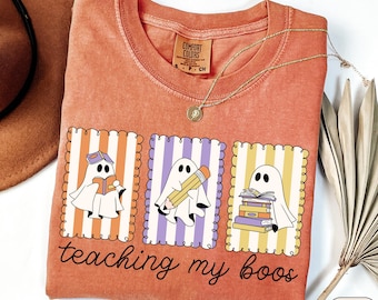Halloween Teacher Shirt, Comfort Colors Funny Halloween Teacher T-Shirt, Spooky Fall Ghost Teacher Tshirt, cute Teaching my boos book tee