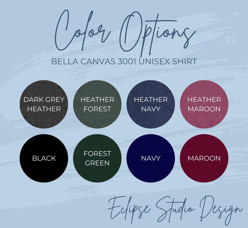 Pu&ograve; includere: Opzioni di colore per una maglietta unisex Bella Canvas 3001. I colori sono: Grigio scuro melange, Foresta melange, Blu navy melange, Borgogna melange, Nero, Verde bosco, Blu navy e Borgogna.