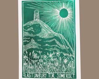 Glastonbury Tor, Somerset. Original Lino Print, available in Phthalo Green or Burnt Sienna.
