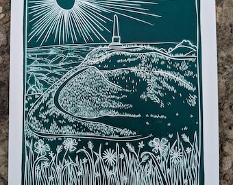 Ham Hill, Somerset. Original A3 Lino Print, available in Bright Orange, Phthalo Green and Burnt Sienna.