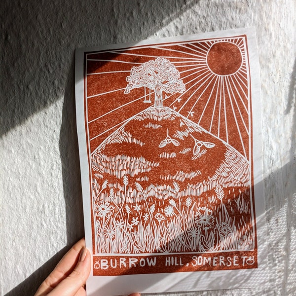 Burrow Hill, First Edition, Somerset Original A4 Lino Print