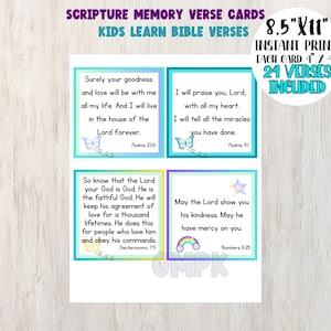 May include: A sheet of Scripture Memory Verse Cards for children, with four cards displaying Bible verses and decorative butterflies and rainbows. The cards are 10.16cm x 10.16cm and include 24 verses. The text "Scripture Memory Verse Cards" is at the top.