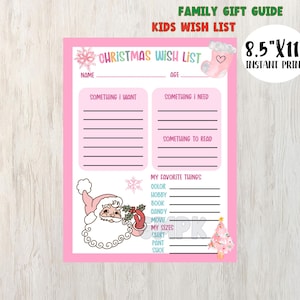 Lista de deseos navideños para niños/Guía imprimible de regalos navideños para familias/Todo lo que quiero para Navidad/Lista de deseos y necesidades para niños/Lista de ideas de regalos para niños