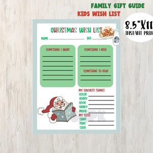 Lista de deseos navideños para niños/Guía imprimible de regalos navideños para familias/Todo lo que quiero para Navidad/Lista de deseos y necesidades para niños/Lista de ideas de regalos para niños
