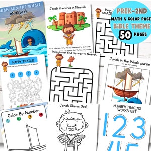 May include: A set of 50 printable worksheets for preschool and early elementary students featuring a Bible theme. The worksheets include activities like mazes, colour by number, and number tracing. The worksheets are designed to help children learn about the story of Jonah and the whale.