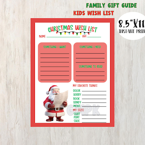 Lista de deseos navideños para niños/Guía imprimible de regalos navideños para familias/Todo lo que quiero para Navidad/Lista de deseos y necesidades para niños/Lista de ideas de regalos para niños