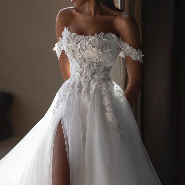 Lace and Tulle A-Line Gown with Dropped Straps and Graceful Slit