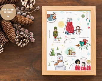 Puede incluir: Una tarjeta de Navidad blanca imprimible con ilustraciones de un muñeco de nieve, un cascanueces, un pingüino, un oso, una casa, un árbol de Navidad y dos niños cantando. El texto en la tarjeta dice "Ich bin so schlau" y "Ich kann alles schaffen".