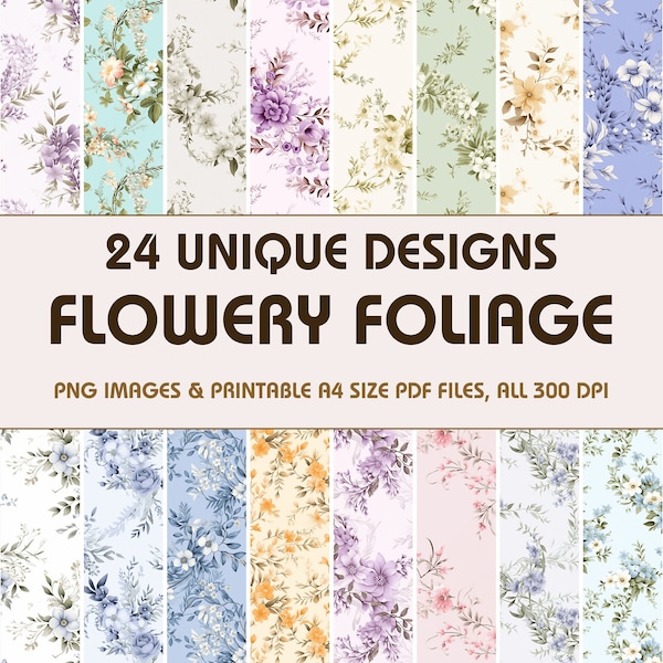 24 Flowery Foliage Dollhouse Wallpaper, Printable Wallpaper Download, Miniature Wallpaper, Digital Download 1:12 Scale Dollhouse Floor