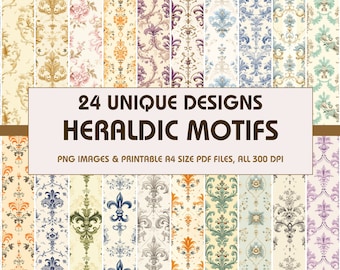 24 Heraldic Motifs Dollhouse Wallpaper, Printable Wallpaper Download, Miniature Wallpaper, Digital Download 1:12 Scale Dollhouse Floor
