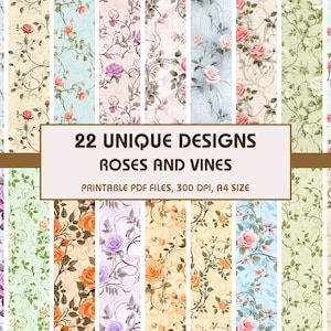 22 Roses and Vines Dollhouse Wallpaper, printable Wallpaper Download, Miniatur Tapete, digitaler Download 1:12 Maßstab Puppenhaus Boden