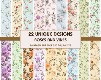 22 Roses and Vines Dollhouse Wallpaper, Printable Wallpaper Download, Miniature Wallpaper, Digital Download 1:12 Scale Dollhouse Floor