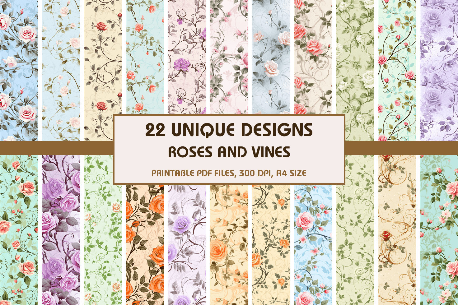 22 Roses and Vines Dollhouse Wallpaper, Printable Wallpaper Download, Miniature Wallpaper, Digital Download 1:12 Scale Dollhouse Floor