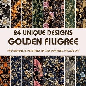 24 Golden Filigree Dollhouse Wallpaper, Printable Wallpaper Download, Miniature Wallpaper, Digital Download 1:12 Scale Dollhouse Floor