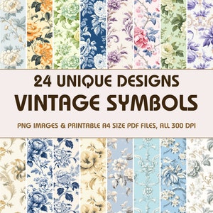 24 Vintage Symbols Dollhouse Wallpaper, Printable Wallpaper Download, Miniature Wallpaper, Digital Download 1:12 Scale Dollhouse Floor