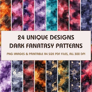May include: 24 unique dark fantasy patterns featuring watercolor nebulae, stars, and celestial elements. The patterns are available as PNG images and printable A4 size PDF files, all at 300 DPI.