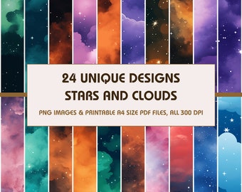 24 Stars and Clouds Dollhouse Wallpaper, Printable Wallpaper Download, Miniature Wallpaper, Digital Download 1:12 Scale Dollhouse Floor