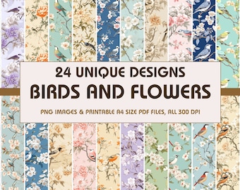 24 Birds and Flowers Dollhouse Wallpaper, Printable Wallpaper Download, Miniature Wallpaper, Digital Download 1:12 Scale Dollhouse Floor