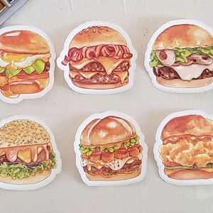 Watercolor Burger Stickers: Weatherproof Fast Food Decals