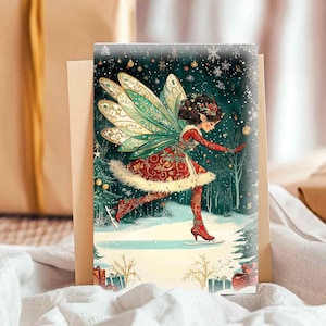 Carte de Noël illustrée fantaisiste de patinage sur glace pour les amoureux des fées, cadeau d'anniversaire personnalisé parfait pour une fille, une fille, une femme à l'arrêt
