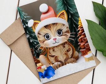 Ginger Cat in Santa Hat Christmas Card, Holiday Ginger Kitten Holiday Card, Cat Lovers Card, 2D Card with 3D Effect, Cats Pack of Cards