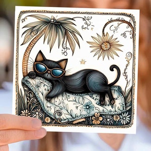 Schwarze Katze im Urlaub Grußkarte personalisiertes Geburtstagsgeschenk für Katzenliebhaber, Liebe senden, Packung leere Karten, niedliches Kätzchen stationär