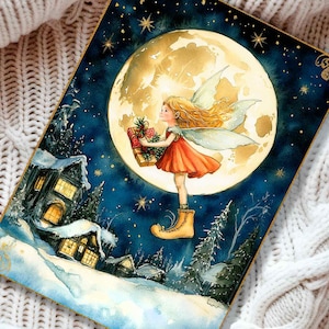 Cartão personalizado ilustrado com árvore de Natal e floresta mágica para amantes de fadas, presente perfeito para meninas e mulheres no Natal de 2025