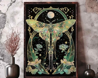 May include: A framed art print featuring a green and gold butterfly with intricate details against a black background with a full moon and stars. The butterfly is surrounded by green leaves and flowers.